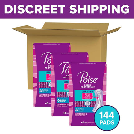 Poise Ultra Thin Incontinence Pads for Women, Moderate Absorbency, Regular Length, 144 Count (3 Packs of 48) (Packaging May Vary)