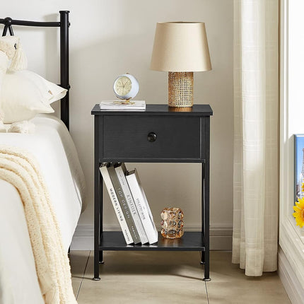 VECELO End Tables, Modern Nightstand with Drawer & Shelf, Night Stand for Bedroom Living Room,Industrial Metal Frame