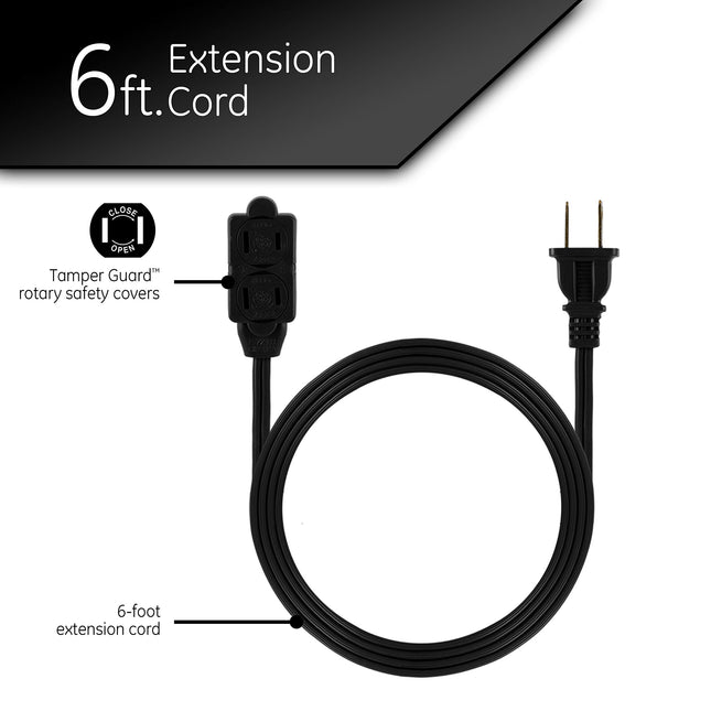 GE 3-Outlet Power Strip, 6 Ft Extension Cord, 2 Prong, 16 Gauge, Twist-to-Close Safety Covers, Indoor Rated, Perfect for Home, Office or Kitchen, UL Listed, Black, 45148