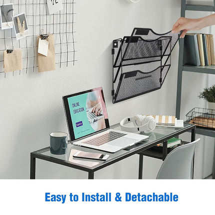 BOHDK Wall File Organizer 3 Pockets, Mail Organizer, Hanging Folder Holder, Foldable | Hanging or Wall Mounted | Label Panel | 2 Hooks | Office Home School Organizer, Black