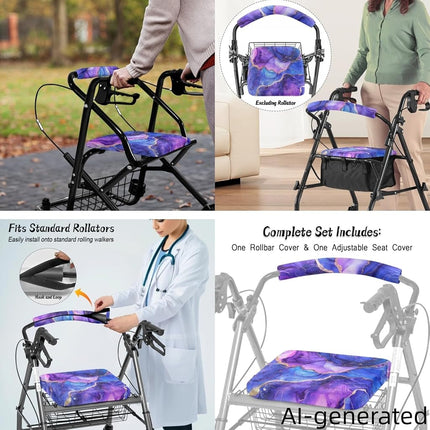 LedBack Walker Accessories Sets Wheelchair Bag for Seniors Rollator Walker Rollator Covers Purple Marble Print Walker Seat and Backrest Covers, Easy to Install