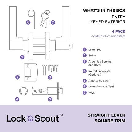 Lock Scout Straight Lever with Square Trim Keyed Entry Door Handle, Matte Black Finish, 4 Pack