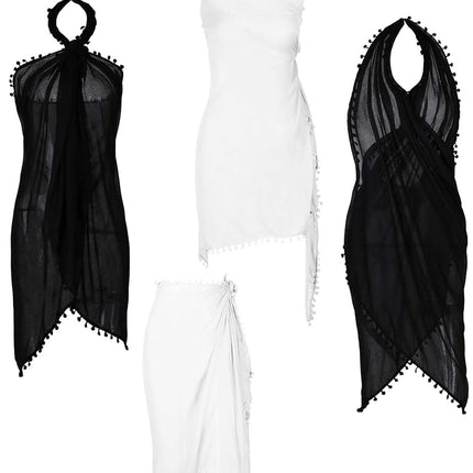 2 Pièces Sarong de Plage Femme Paréo Maillot de Bain Couvertures en Mousseline Long Sarong Paréo avec Pompon pour Femmes Filles (Noir, Blanc)