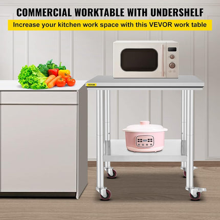 VEVOR Stainless Steel Catering Work Table 76(L) x60(W) x80(H) cm Commercial Work Table with 4 Wheels Commercial Food Prep Workbench with Flexible Adjustment Shelf for Kitchen Prep Table