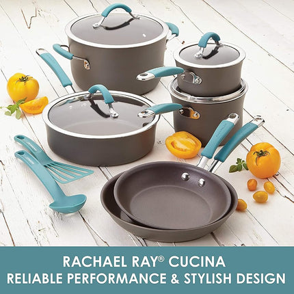 Rachael Ray Cucina Sartén antiadherente de doble paquete de aluminio anodizado duro con mangos azul agave, gris