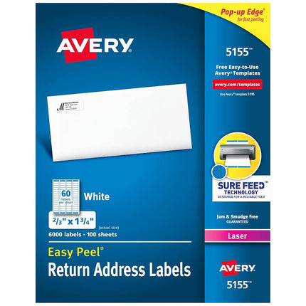 Avery Return Address Labels with Sure Feed for Laser Printers, 2/3" x 1-3/4", 6,000 Labels, Permanent Adhesive (5155)