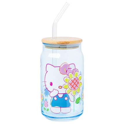 Vaso de vidrio Silver Buffalo Sanrio Hello Kitty Floral con tapa de bambú y popote de vidrio, 473 ml