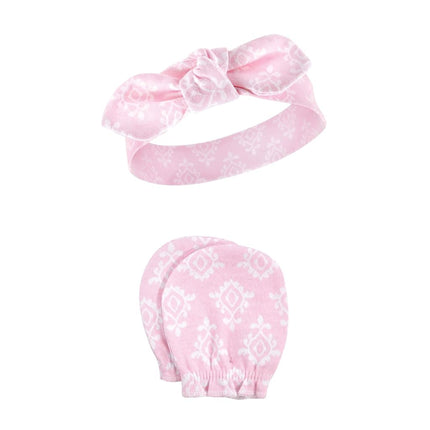 Hudson Baby Baby Girls' Cotton Headband and Scratch Mitten Set, Peacock, 0-6 Month
