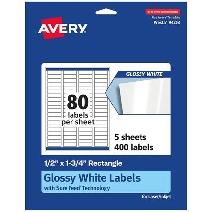 Avery Rectangle Labels with Sure Feed, .5" x 1.75", 400 Glossy White Labels (36445)