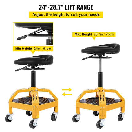 VEVOR Rolling Garage Stool, 300LBS Capacity, Adjustable Height from 24 in to 28.7 in, Mechanic Seat with 360-degree Swivel Wheels and Tool Tray, for Workshop, Auto Repair Shop, Yellow