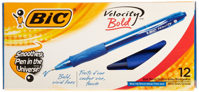 Stylo-bille rétractable BIC Velocity, encre bleue, 1,6 mm, pointe large, douzaine
