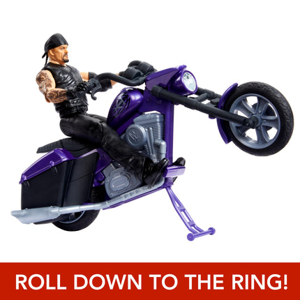 WWE Coffret Figurine Articulée et Véhicule, Undertaker avec Moto Slamcycle à Lancement et Pièces Cassables, HTR84