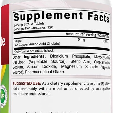 Best Naturals Copper Chelate 6 mg per Serving- 360 Tablets