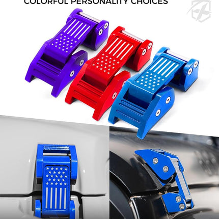 Xprite U.S. Flag Hood Latches Compatible with 2007-2018 Jeep Wrangler JK JKU & 2018-2025 Jeep Wrangler JL JLU & 2020+ Gladiator JT - Secure Aluminum Hood Locks, Blue