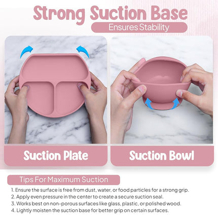 O'doe™ 17-Piece BPA-Free Silicone Baby Feeding Set | Thick & Soft Suction Plates, Baby Bowls, Wooden Fork & Spoon, and More (Pink, V2: Nurture Pack [17 Pieces)