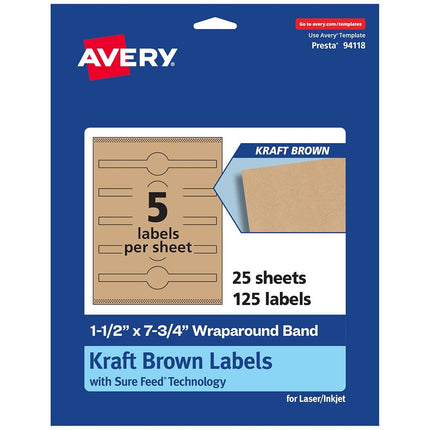 Avery Kraft Brown Cigar Labels with Sure Feed, 1.5" x 7.75", 125 Kraft Brown Labels, Print-to-The-Edge, Laser/Inkjet Printable Labels