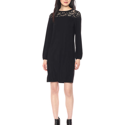 Nine West Women's Long Sleeve Lace Yoke Shift Dres