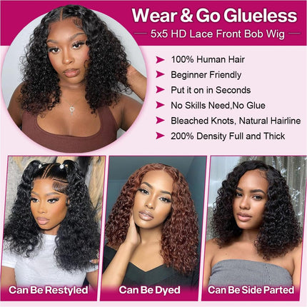 Ailwelia Curly Bob Wig Human Hair Deep Wave Glueless Wigs Human Hair Pre Plucked Pre Cut 5x5 Wear And Go Glueless HD Lace Closure Wigs Human Hair For Black Women 200% Density Black Color 14 Inch