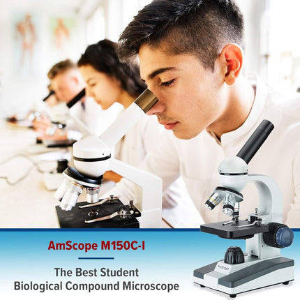 AmScope M150C-MS Compound Monocular Microscope, WF10x and WF25x Eyepieces, 40x-1000x Magnification, LED Illumination, Brightfield, Single-Lens Condenser, Coaxial Coarse and Fine Focus, Mechanical Stage, 110V