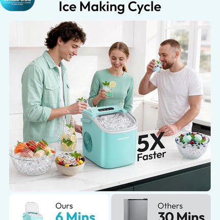 EUHOMY Countertop Ice Maker Machine with Handle, 26lbs Per Day, 9 Ice Cubes Ready in 6 Mins, Auto-Cleaning Portable Ice Maker with Basket and Scoop, for Home/Kitchen/Camping/RV (Green)