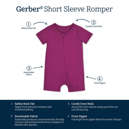 Gerber Unisex Baby Buttery Soft Short Sleeve Romper with Viscose Made from Eucalyptus, Raspberry, 3-6 Months