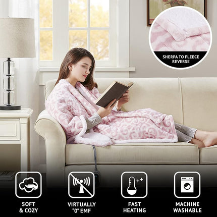 Couverture chauffante Beautyrest Ultra Soft Sherpa Berber Fleece Electric Poncho Wrap Blanket avec arrêt automatique, 50 po x 64 po, Blush Lattice