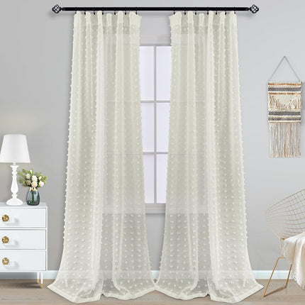 KOUFALL Cream Off White Curtains 96 Inches Long for Living Room Farmhouse Pom Pom Textured Boho Sheer Curtains for Bedroom Laundry Room 2 Panels 52x96 Inch Length Ivory