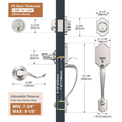 Brightify Satin Nickel Front Door Handle, Satin Nickel Door Handle with Door Lever, Front Door Handle Set, Deadbolt Front Door Lock Set with Single Cylinder, Reversible for Right&Left