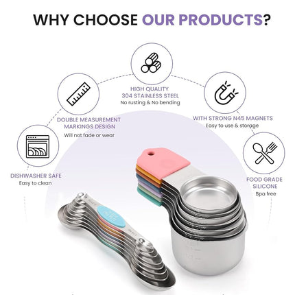 Magnetic Measuring Cups and Spoons Set-Heavy Duty 304 Stainless Steel，Double Measurement Markings，Set of 16 with Leveler for Measure Dry and Liquid Ingredients