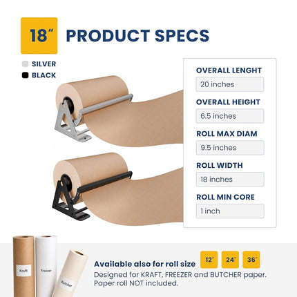 Paper Roll Cutter | Butcher Paper Dispenser | Heavy Duty 18" Paper Roll Holder and Cutter - Sturdy Construction, Rubber Feet, Tabletop, Wall Mount, Serrated Edge - Freezer Paper Roll and Craft Paper C