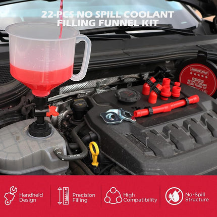 SEDY 22-Piece No Spill Coolant Filling Funnel Kit, Universal Radiator Funnel Set with Adapters, Siphon Hose & Extensions for Car, SUV, Ute, Truck – Precision Automotive Coolant Refilling Tool