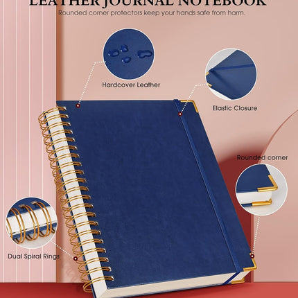 Spiral Notebook Journal 8.5” x 11”, 300 Pages Hardcover Leather Lined Journals for Women Men, A4 Large College Ruled Notebooks with 100 GSM Thick Paper, Spiral Journal for Writing Work School, Navy