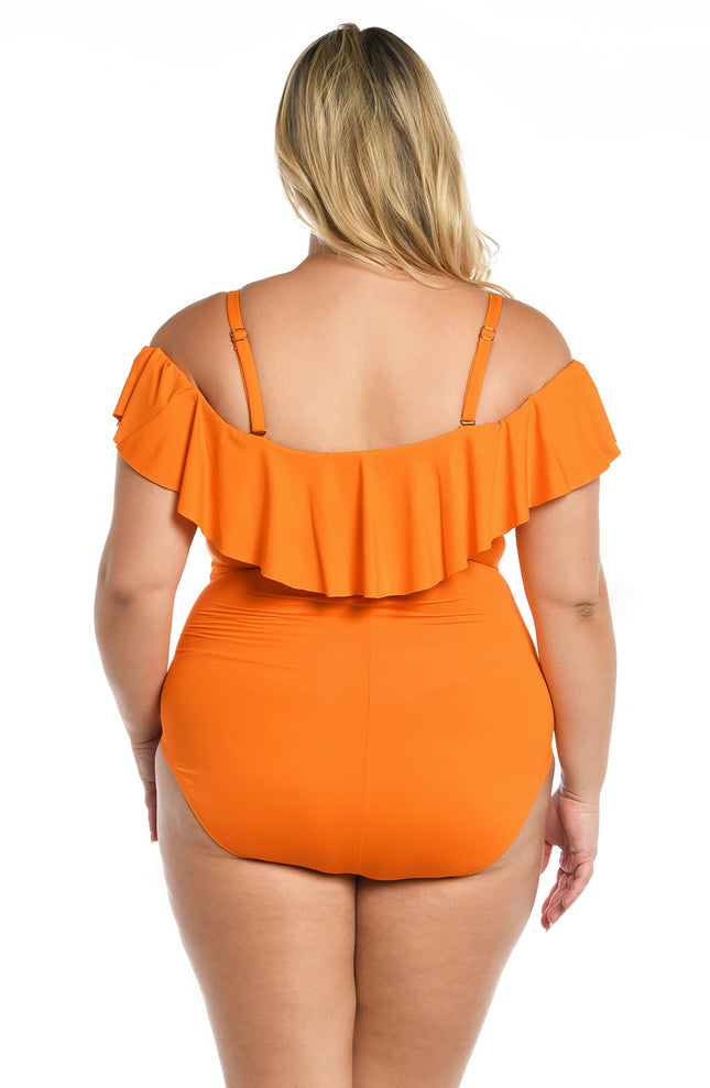Maillot de bain une pièce à volants épaules dénudées La Blanca Island Goddess pour femme, mandarine, 22 Plus