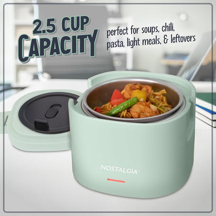 Nostalgia Portable 20-Ounce Electric Heated Lunch Box � Travel Size 2.5 Cup Capacity for Soup, Chili, and Leftovers � Leak Proof Silicone Sealed Lid, Foldable Carry Handle, Detachable Cord � Sage