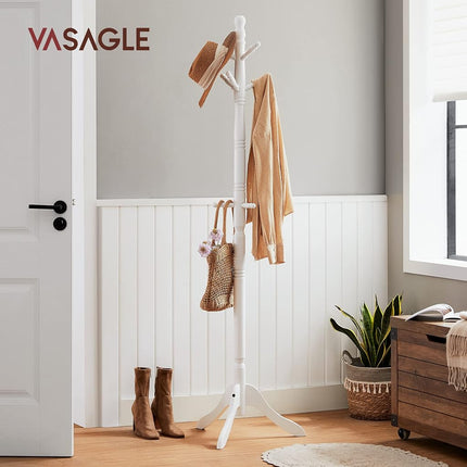 VASAGLE Solid Wood Coat Rack/Stand, Free Standing Hall Coat Tree with 10 Hooks for Hats, Bags, Purses, for Entryway, Hallway, Rubberwood, Cloud White URCR03WT