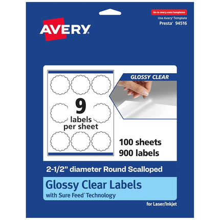 Avery Glossy Clear Round Scalloped Labels with Sure Feed, 2.5" Diameter, 900 Glossy Clear Labels, Print-to-The-Edge, Laser/Inkjet Printable Labels