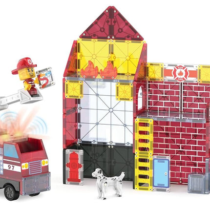 Magna-Tiles Fire Station 50-Piece Magnetic Construction Set, The Original Magnetic Building Brand