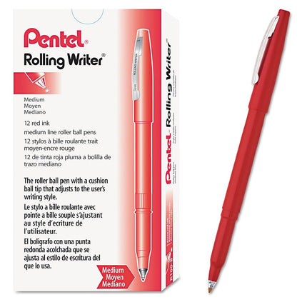 Pentel Rolling Writer Pen, 0.8 Millimeter Cushion Ball Tip, Red Ink, Box of 12 (R100-B) by Pentel