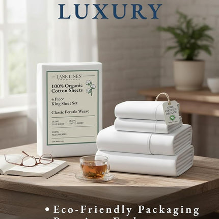 LANE LINEN 100% Organic Cotton Pure White King-Sheets Set 4-Piece Percale Weave Bedding Sheets for Bed Breathable Fits Mattress Upto 15" Deep