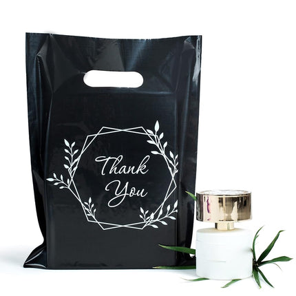 100 Thank You Bags for Business Small Black Color 1.5Mil Merchandise Bags 23cm x 30cm (9”x12”) Extra Thick Glossy Black Retail Bags and Thank You Bags with Handles