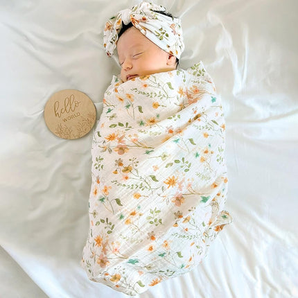 LifeTree Newborn Swaddle Set with Matching Hat and Bow, Wooden Birth Announcement Card, Baby Girl Newborn Receiving Blanket Baby Floral Motif Nursery Swaddle Wrap