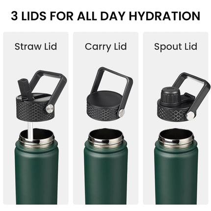 Konokyo Insulated Water Bottle with Straw,24oz 3 Lids Metal Bottles Stainless Steel Water Flask,Army Green