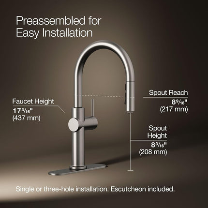 Kohler 22972-VS Crue Pull Down Kitchen Faucet, 3-Spray Sprayhead with Secure Docking, Vibrant Stainless
