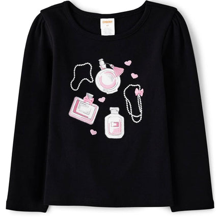 Gymboree Girls' and Toddler Fall and Holiday Embroidered Graphic Long Sleeve T-Shirts, Black Perfume, 10