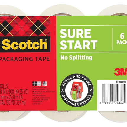 Scotch Sure Start Packing Tape, Clear, Holiday Wrapping Tape with Quiet Unwind and Easy Start, 1.88 in. x 25 yd., 6 Tape Rolls