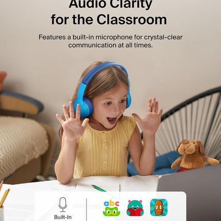 Belkin SoundForm Mini - Wireless Bluetooth Kids Headphones, 30H Battery, 85dB Safe Volume Limit, Built-in Microphone - Toddler On-Ear Earphones for iPhone, iPad, Fire Tablet, Ideal for School - Blue