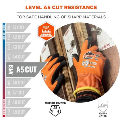 Ergodyne ProFlex 7551 Coated Waterproof Winter Work Gloves - A5 Cut-Resistant, orange,small,count of 2