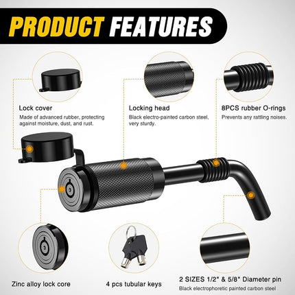 Nilight Trailer Hitch Lock Pin 1/2" & 5/8" Locking Receiver Hitch Pin Keyed Unique Weatherproof Anti-Theft Lockable Fits 2" 2-1/2" & 1-1/4"Receiver Tow Truck Boat Bike Truck Black