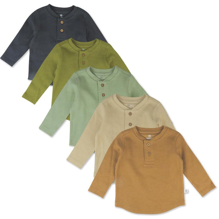 HonestBaby 5-Pack Waffle Henley Long Sleeve Shirts 100% Organic Cotton for Infant Baby and Toddler Boys, Unisex, Castle Creek, 24 Months