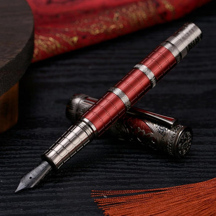 Hongdian D5X Fountain Pen Fine Nib Red Color Retro Chinese Totem Engraved Qin Dynasty Smooth Writing Pen with Converter and Pen Box Set